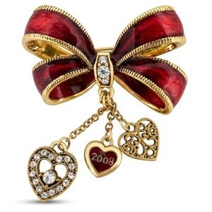 Monet 2008 Valentine Bow Brooch Pin Red Enamel Gold Tone Dangling Heart Charms